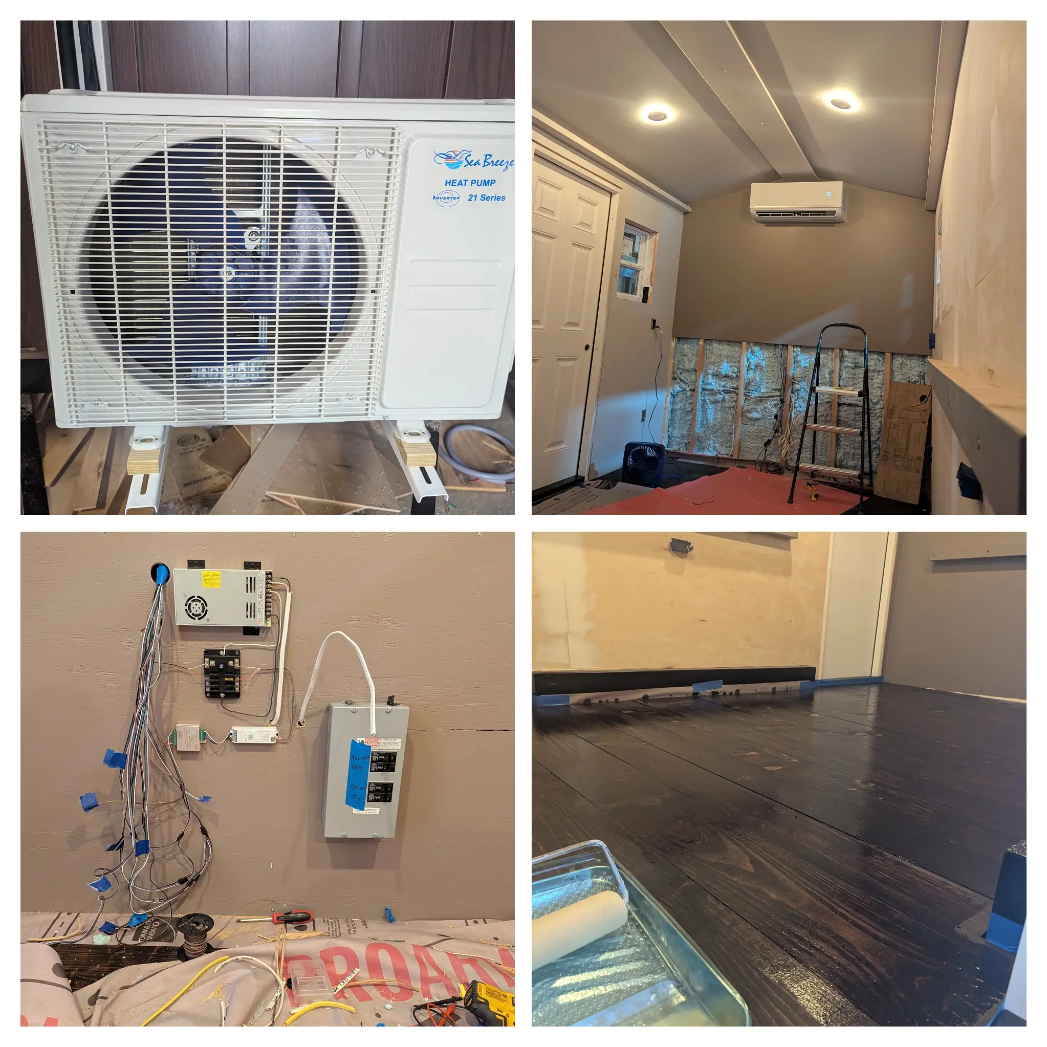 Collage of build progress — siding complete, floors poly'd, electrical started on the Swig Rig