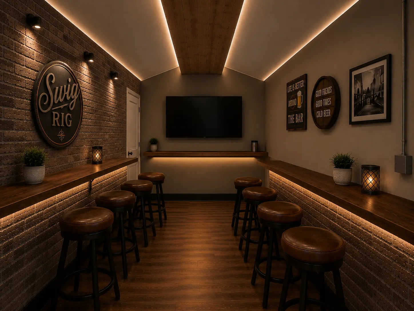 AI concept rendering of the Swig Rig lounge setup with TV