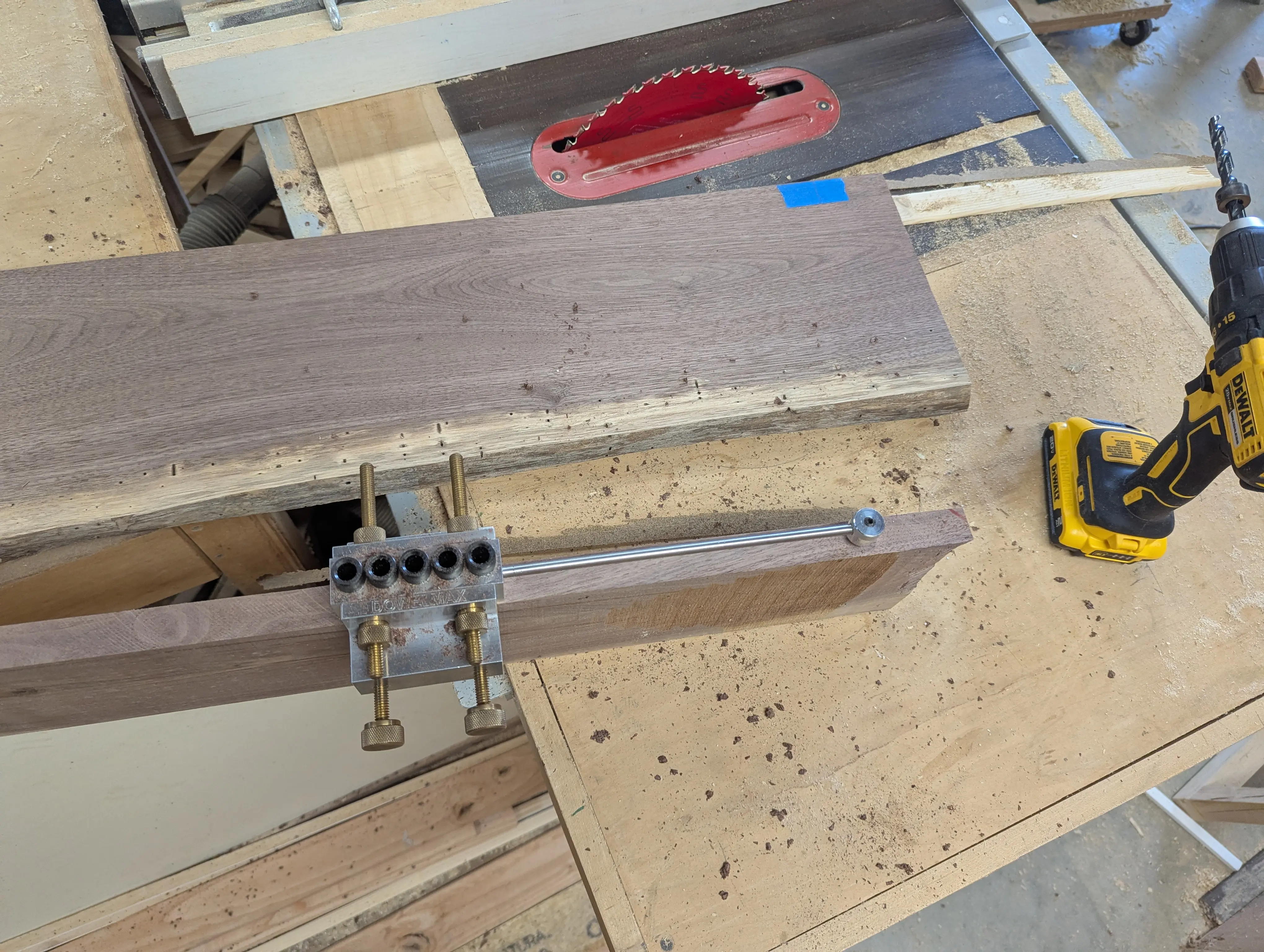 Bartop boards aligned with dowels before glue-up