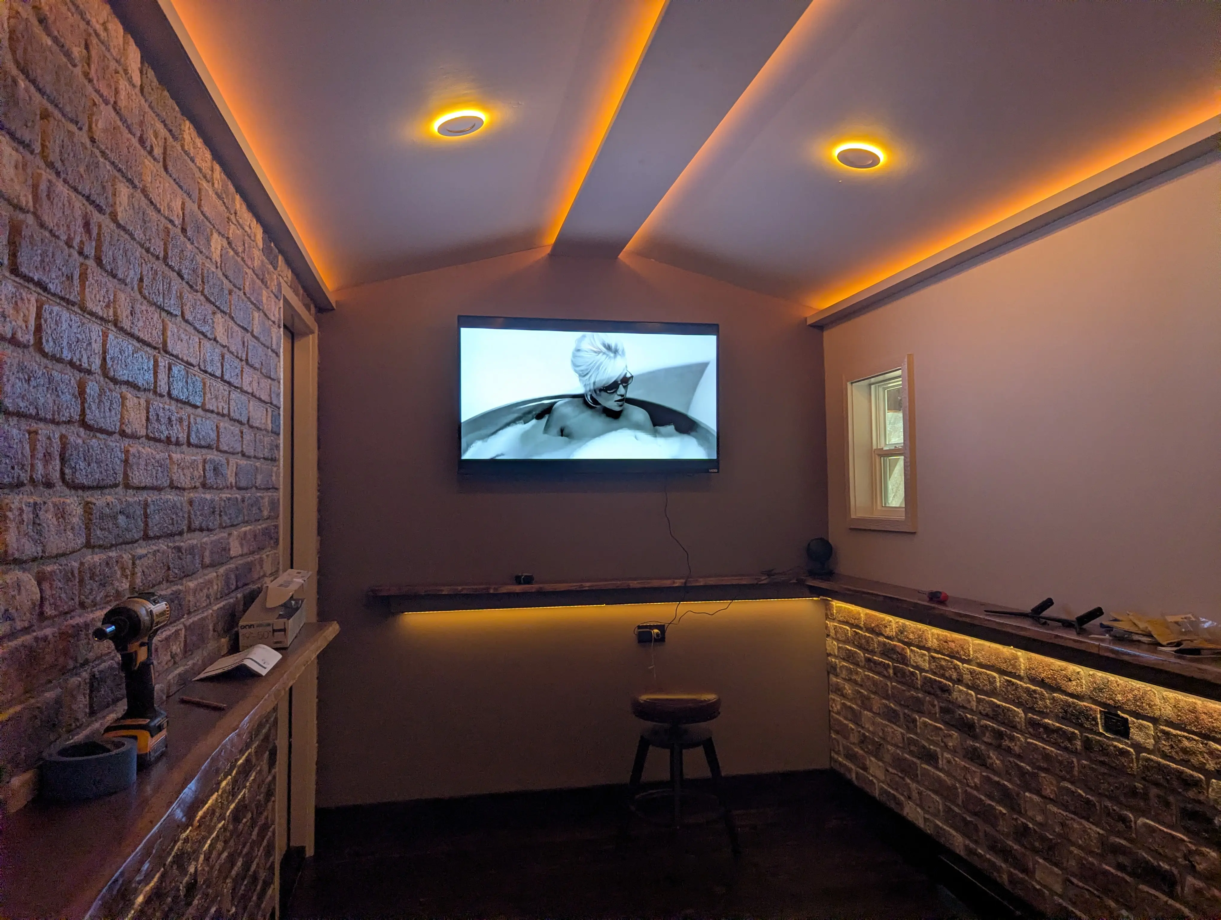 TV and speakers installed and tested inside the Swig Rig
