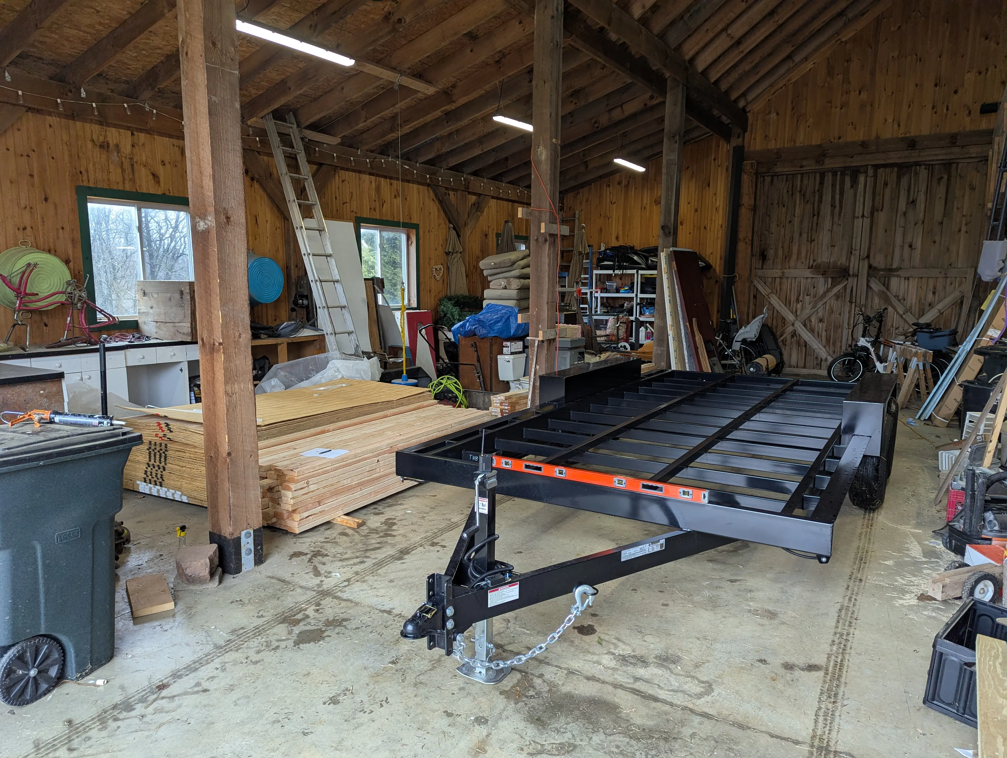 Trailer parked in the barn, ready for the build to begin