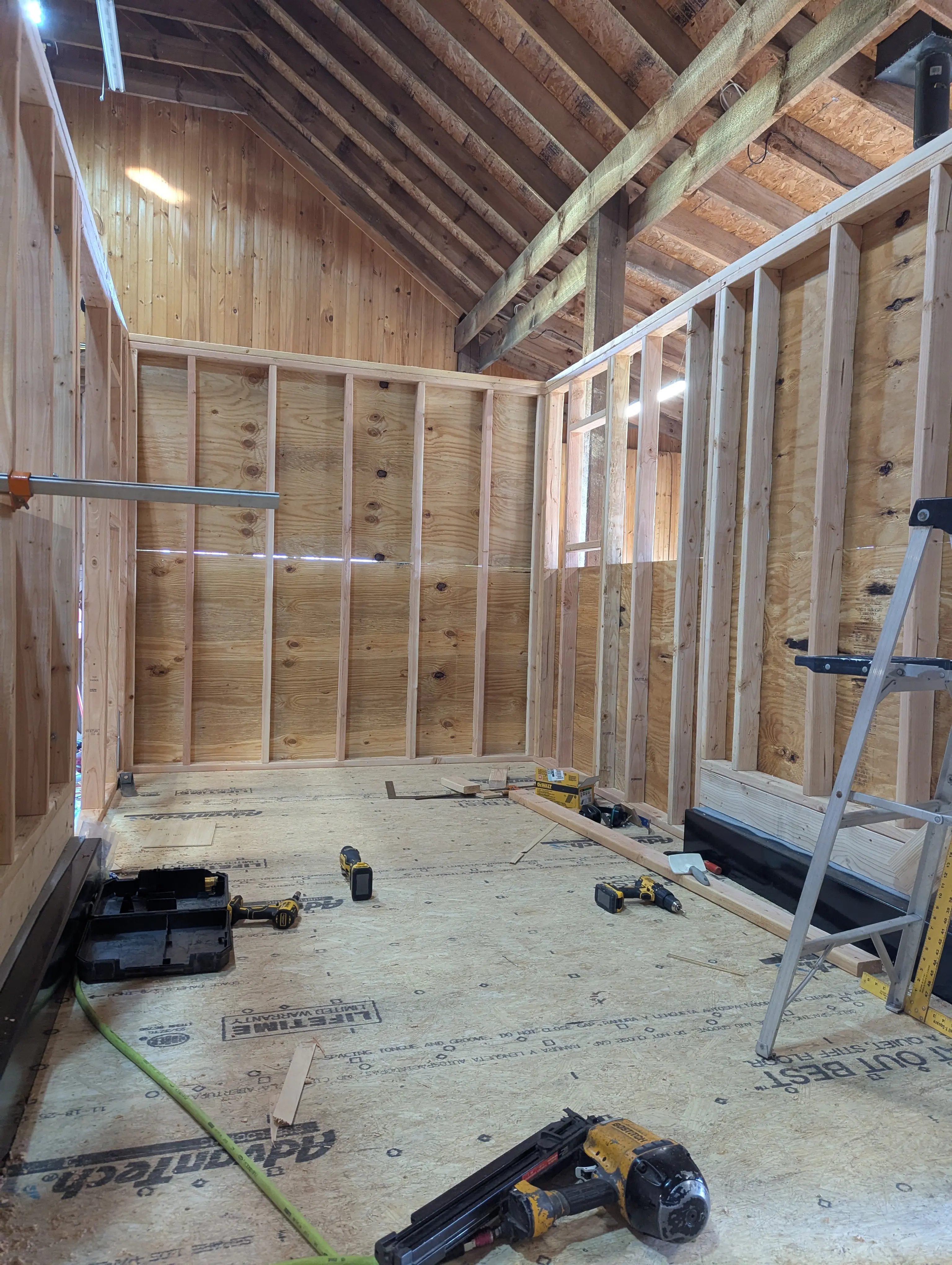 Interior view of sheathing over wall framing
