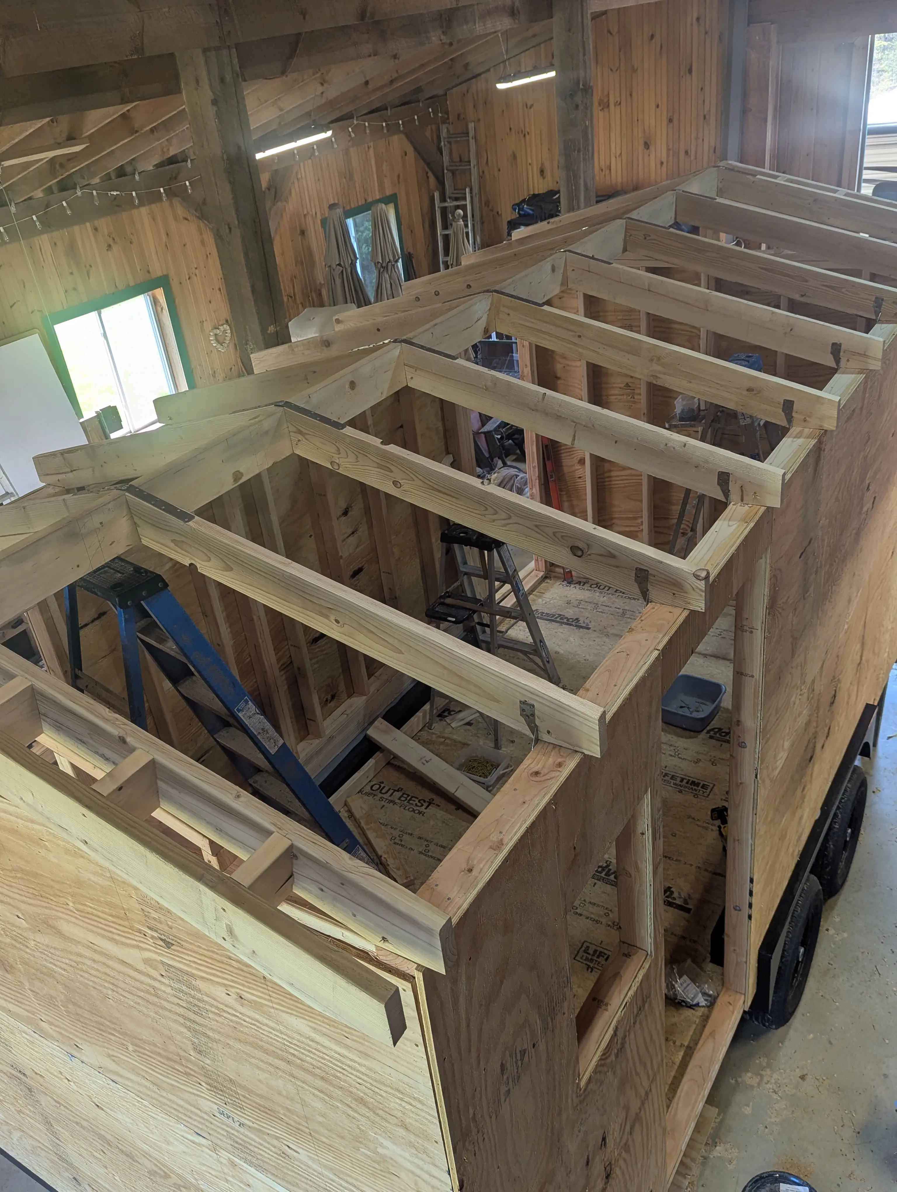 Roof framing aerial view showing cathedral ceiling structure